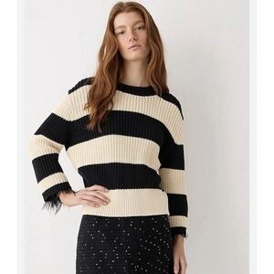 J.Crew Collection Striped Shaker-Stitch Sweater with Ostrich Feather Cuffs Sz XS